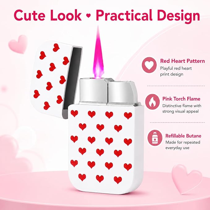 Pink Flame Torch Lighter Cute Heart Pattern Refillable Butane Windproof Pocket Lighter 60 × 35 × 11 mm Mini Portable Lighter for Women Candle BBQ Camping Kitchen Outdoor Use (Butane Not Included)
