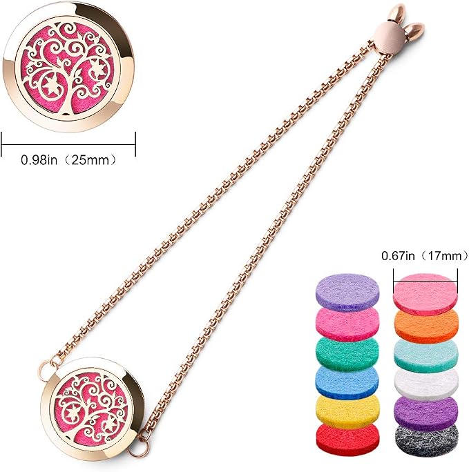 ttstar Essential Oil Diffuser Bracelet Stainless Steel Aromatherapy Locket Adjustable Bracelet Set with 24 Refill Pads in 12 Assorted Colors, Gifts Set for Women(Rose Gold)