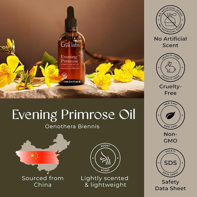 Gya Labs USDA Organic Evening Primrose Oil - 3.4 Fl Oz - Carrier Oil for Hair, Skin, Face, Scalp & Body Massage