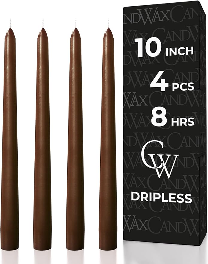 CANDWAX 10 inch Taper Candles - Set of 4 Dripless Tapered Candlesticks - Unscented, Perfect for Dinner and Household Use - Brown Candles for Home Decor