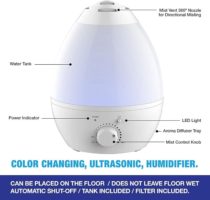 Bell+Howell Ultrasonic Changing Humidifier, Aroma Diffuser, 7 Color LED, Auto Off Function, Night Light and All in One, White