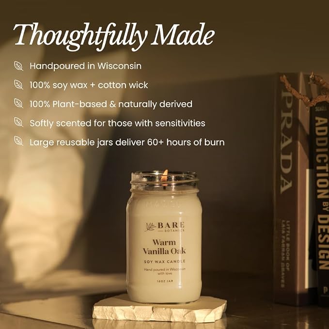 Bare Botanics Yuzu Mandarin Scented Soy Candle - Premium Candle in 16 oz Mason Jar - 100% Natural Soy Wax & Plant-Based Fragrance Oils, Softly-Scented - Handpoured in WI - 85 Hrs Long Burning