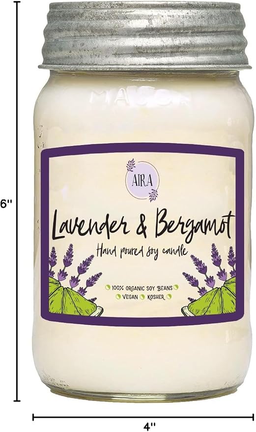 Aira Soy Candles - Organic, Kosher, Vegan, in Mason Jar w/Therapeutic Grade Essential Oil Blends - Hand-Poured 100% Soy Candle Wax - Paraffin Free, Burns 110+ Hours - Lavender & Bergamot -16 Ounces