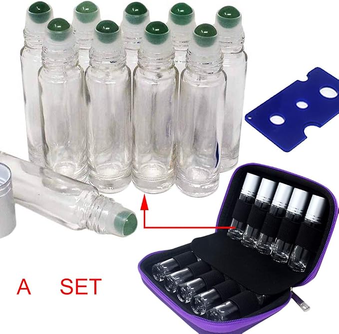 fengshuisale 10pcs Clear 10ml Empty Refillable Glass Bottles with Crystal Semiprecious Stones Essential Oil Gemstone Roller Ball Bottles with Silver Lid with Free Bag W3900 (Aventurine)