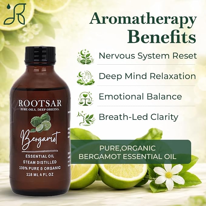 Bergamot Essential Oil – 100% Pure Organic Bergamot Oil, Cold Pressed, 4 FL OZ / 118 ML – Premium Essential Oil for Diffuser, Aromatherapy, Massage, Skin Care, Candle & Soap Making
