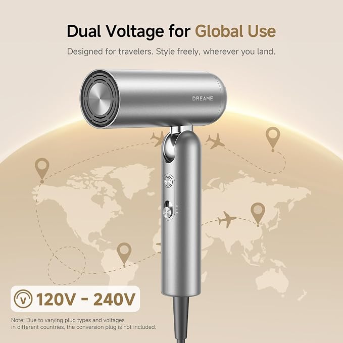 Dreame Pocket Pro Hair Dryer, Dual Voltage Travel Blow Dryer with Diffuser, 1300W Professional HighSpeed Ionic Hair Blower, Fast Drying, Low Noise, Lightweight, No Heat Damage, Global Travel 120V/240V