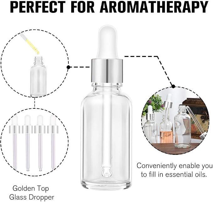 PrettyCare 2 oz Dropper Bottles, 4 Pack Frosted Glass Bottles 60ml with Golden Caps, 12 Labels, Funnel & Measured Pipettes-Empty Tincture for Essential Oils & Skincare