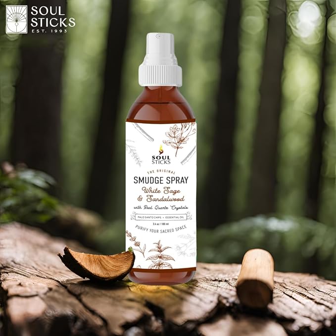 SOUL STICKS White Sage & Sandalwood Smudge Spray For Cleansing and Negative Energy | 3.5oz White Sage Smudge Spray with Real Quartz Crystals | Car Fragrance Sage Room Spray for Spiritual Cleansing