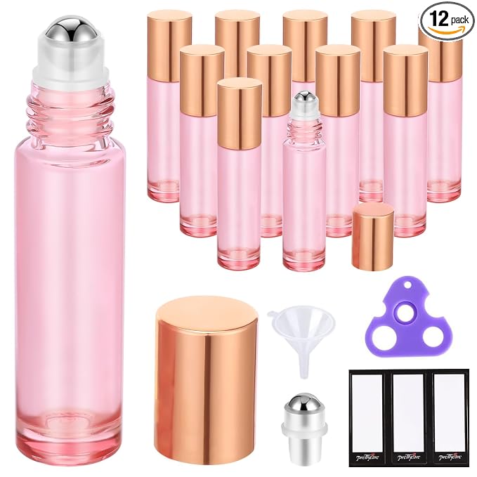 PrettyCare 12 Pack, 10 ml Essential Oil Roller Bottles with Stainless Steel Roller Ball - Refillable Leak-proof Empty Thick Pink Glass Roll on Bottles with Metal Caps for Travel, Perfume