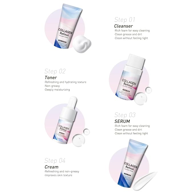 Facial Skin Care Sets & kits Travel Mini Skincare Set, Collagen & Retinol Facial Skin Care Set with Anti-Aging Serum, Face Wash, Toner & Moisturizer Cream, Travel Size Essentials Kit Gifts for Women
