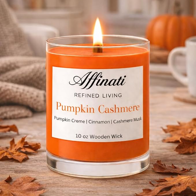 Affinati Pumpkin Cashmere Scented Candle, 10 oz Wooden Wick Tumbler Jar – Highly Fragrant Luxury Warm Spice Aromatherapy, Fall Pumpkin Soy Gift