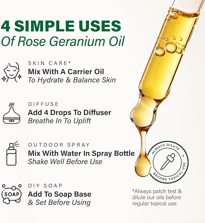 100% Pure Rose Geranium Oil - 4 Fl Oz Rose Geranium Essential Oil for Hair, Skin, Diffuser, Aromatherapy & DIY Soap Making Scent