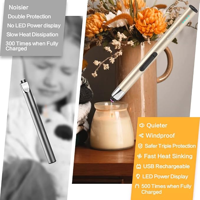 Candle Lighter, Electric USB Lighter with Upgraded LED Display Safety Switch, Rechargeable Flameless Windproof, Gold