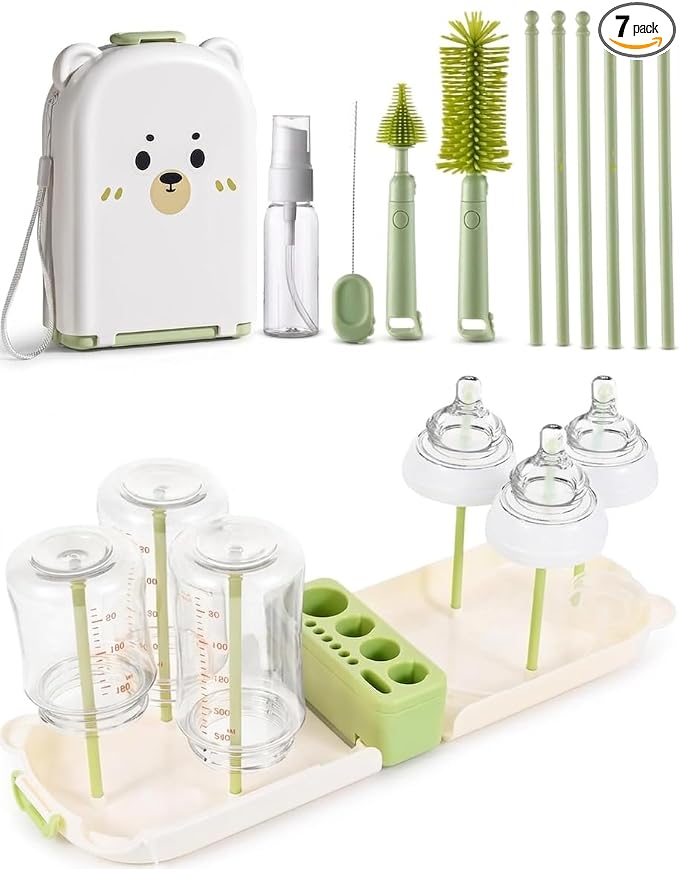 Travel Bottle Cleaner kit, 7in1 Baby Toddler Travel Essential Silicone Bottle Brush Set, Nipple, Drying Rack, Straw, & Breast Pump Cleaning, Soap Dispenser & Organizer Case, Gift Mom
