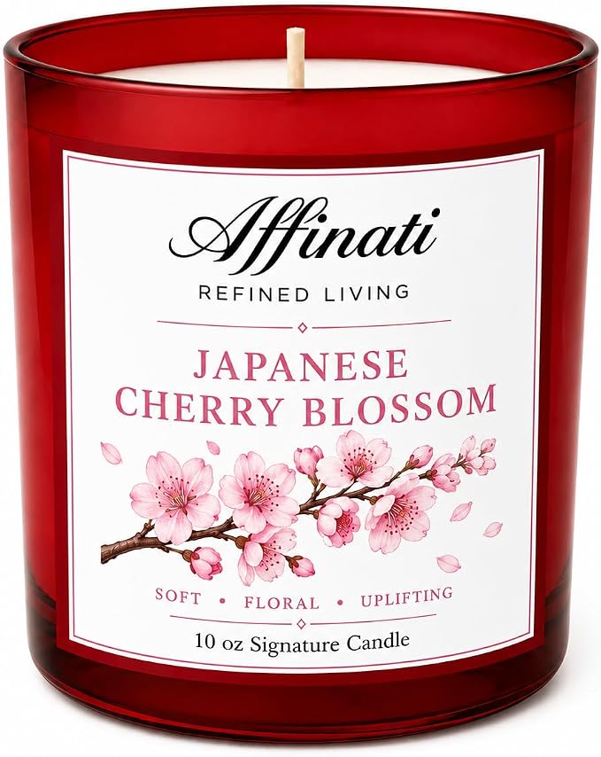 Affinati Japanese Cherry Blossom Signature Candle - 10 oz Luxury Soy Blend Wax Candle, Long-Lasting Home Fragrance