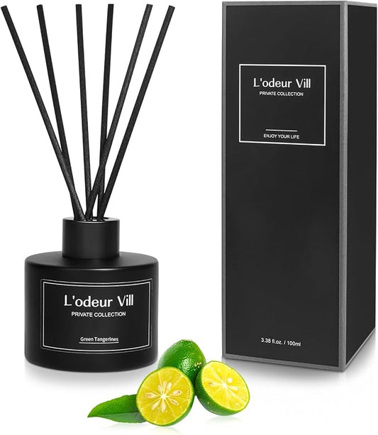 L'odeur Vill Reed Diffuser, 3.4oz(100ml) Green Tangerines Reed Diffuser Set with 6 Oil Diffuser Sticks, Matte Black Aroma Scent Diffuser, Long Lasting Home Fragrance for Bathroom Shelf Decor