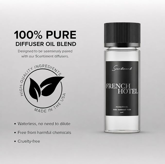 Scentiment French Hotel Diffuser Oil - Premium Hotel Scent with Notes of Clove, Patchouli & Sandalwood Home Scent, Aromatherapy Fragrance Oil Diffuser Refill - 1.69 fl oz (50 mL)