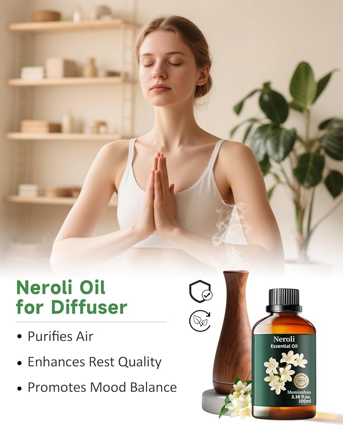 Neroli Essential Oil, Pure Mumianhua Orange Blossom Oil for Evening Tranquility & Pillow Mist, Citrus‑Floral Aromatherapy for Diffuser, Skin, Hair, Perfume, Candle & Soap Making – 3.38 Fl Oz