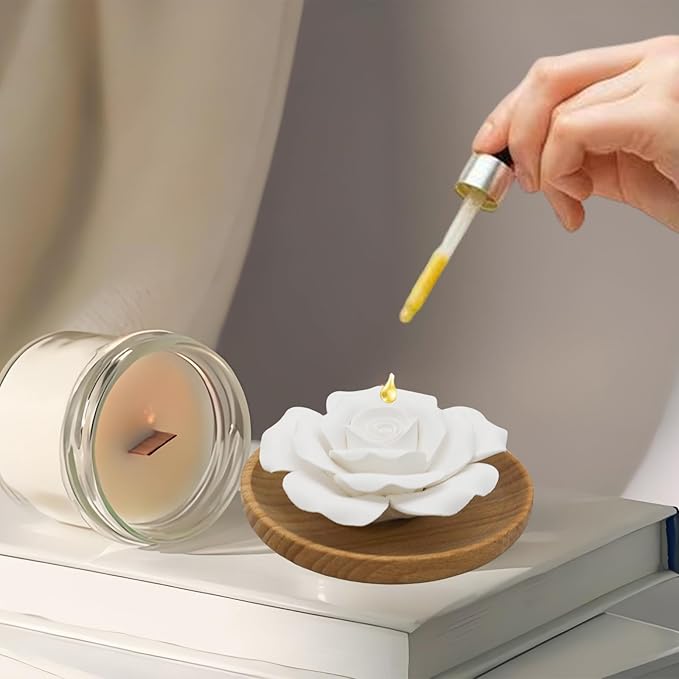Handmade Flower Rose Ceramic Essential Oil Mini Diffuser, Non-Electric Passive Aromatherapy Diffuser, Decorative Diffusers for Desk/Office/Home Room/Gift (Wooden Pallet)