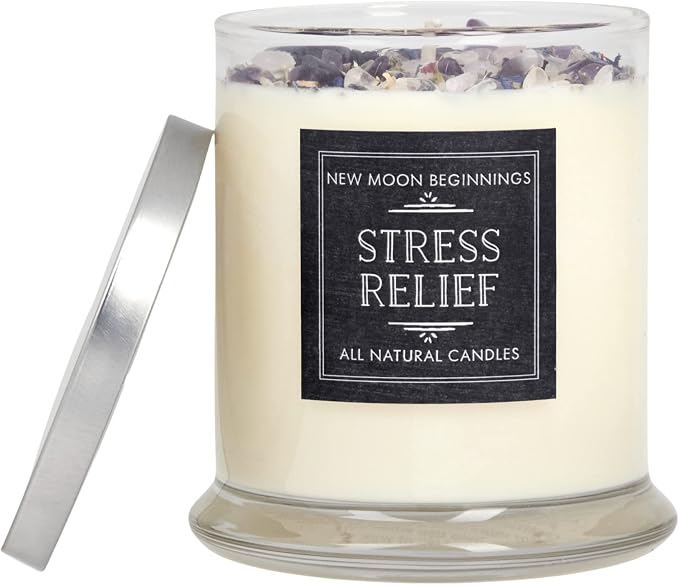Stress Relief Candle by New Moon Beginnings - Lavender Scented Candle - Dried Flower & Crystal Candles - All Natural Essential Oil Soy Candle (12 Ounce Round Glass)