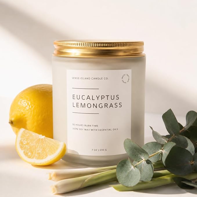 Eucalyptus Lemongrass Scented Candle with Citronella Essential Oil | Contains 6 Essential Oils | 50+ Hrs Long Lasting | Non-Toxic Soy Candle