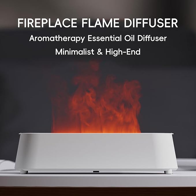 YALEDI Essential Oil Diffuser, Fireplace Flame Fire Oil Diffuser, 250ml Cool Mist Aromatherapy Humidifier, Scent Diffuser with 7 Colors Light, Remote Control, Timer & Auto-Off for Home, Room (White)