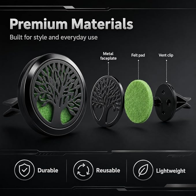 2PCS 30mm Car Aromatherapy Essential Oil Diffuser Stainless Steel Locket with Vent Clip 30 Felt Pads Tree of Life Pattern (Black)