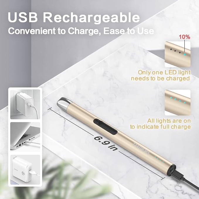 Candle Lighter, Electric USB Lighter with Upgraded LED Display Safety Switch, Rechargeable Flameless Windproof, Gold