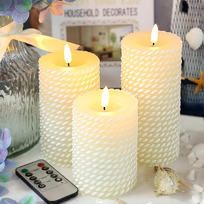Flameless Candles Set of 3, White Real Wax Rope Theme Battery Operated LED Candles with Remote Control and Timer for Gift Home Festival Decor