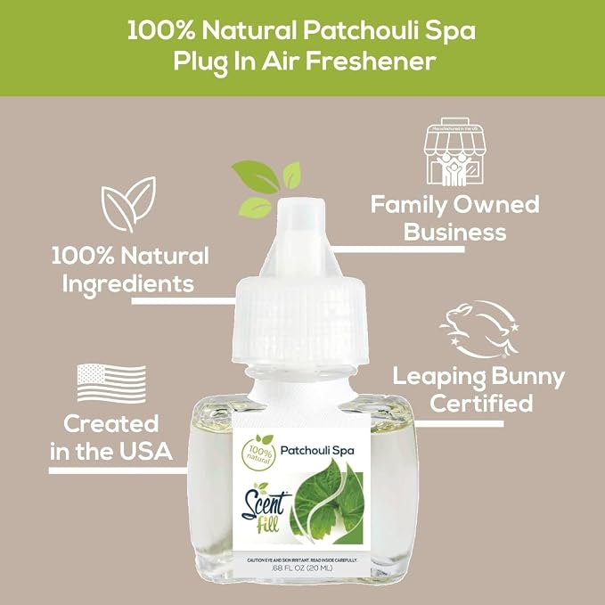 Scent Fill 100% Natural Patchouli Spa Plug in Air Freshener, Scented Oil Refills, 2 Refills + Diffuser