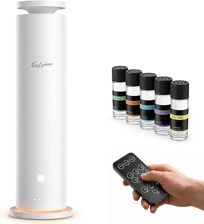 Waterless Scent Diffuser Starter Kit with 5 Essential Oils, Luxury Hotel-Class 1500 Sq Ft Cover Aromatherapy Diffuser Oil Machine with 4 Timers & 6 Mist Levels, 4.06Oz Air Diffuser for Home