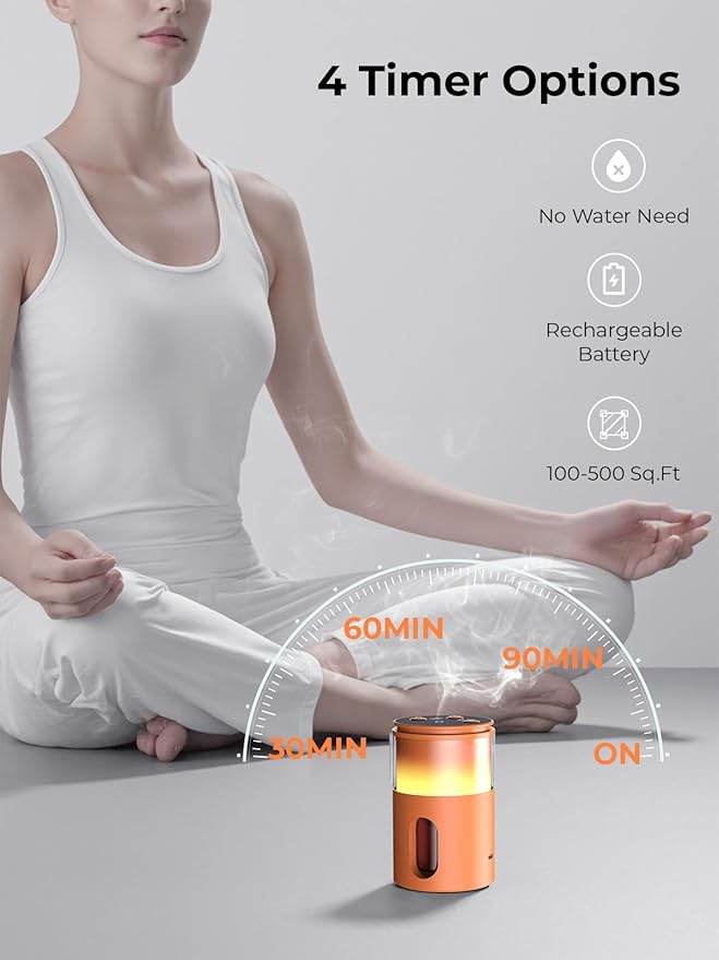 Waterless Essential Oil Diffuser: 𝟗 𝐂𝐨𝐥𝐨𝐫𝐬 𝐋𝐄𝐃 Scent Diffuser for Home&Car&Office - Portable Diffuser with 48H Battery, 4 Timers & 3 Mist Levels, Bright Orange