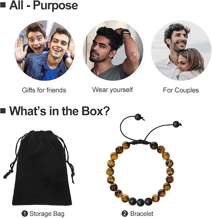 M MOOHAM Mens Bracelet - Beaded Natural Stone 8mm Tiger Eye Matte Agate Lava Rock Bracelets for Men Teen Boys Grandpa Dad Birthday Gifts Jewelry