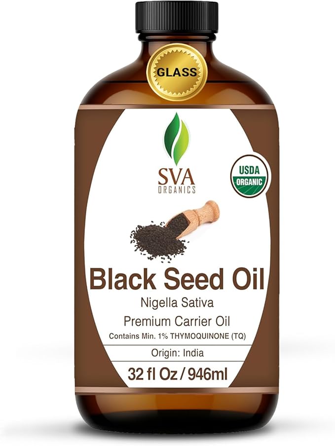 SVA Black Seed Oil Organic - 32 Fl Oz – 100% Natural Cold Pressed Organic Black Seed Oil - for Face, Skin Care, Hair Care, Scalp Massage & Body Massage – Carrier Oil
