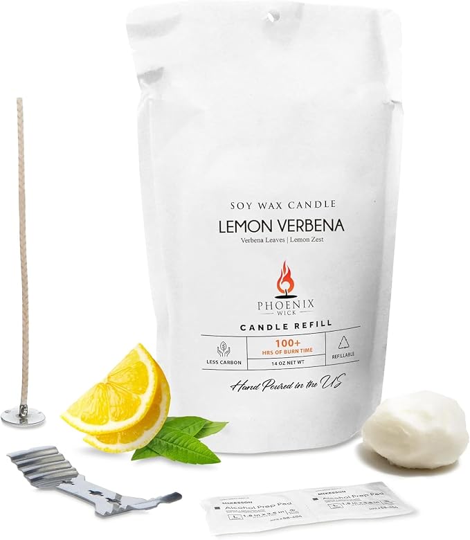 Phoenix Wick Candle Making Kit - New Soy Wax & Wick for Your Luxury 14oz Candle Jar - Adds 100 Hours Burn Time (Lemon Verbena)