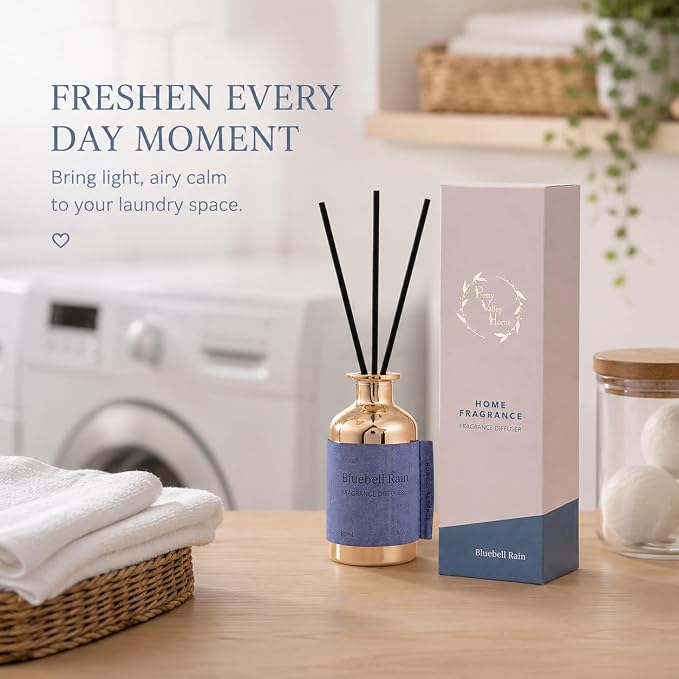 Reed Diffuser for Home, Bluebell Rain / 2.7oz / Long Lasting Floral Fragrance Oil with Reed Sticks – Air Freshener for Bathroom, Office, Closet, Fresh Dewy Aquatic Scent