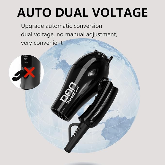 DAN Technology Auto Dual Voltage Hair Dryer,Hair Blow Dryer,Folding hairdryer for Travel,Small Blower with Multi-Function Plug Adapter,Compact Hair Dryer with Diffuser & Concentrator