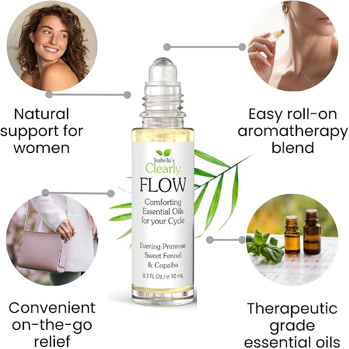 Flow Essential Oil Roll On for Women | Natural Aromatherapy Rollerball for PMS Support, Balance, Mood, and Comfort with Evening Primrose, Clary Sage, Copaiba, Fennel