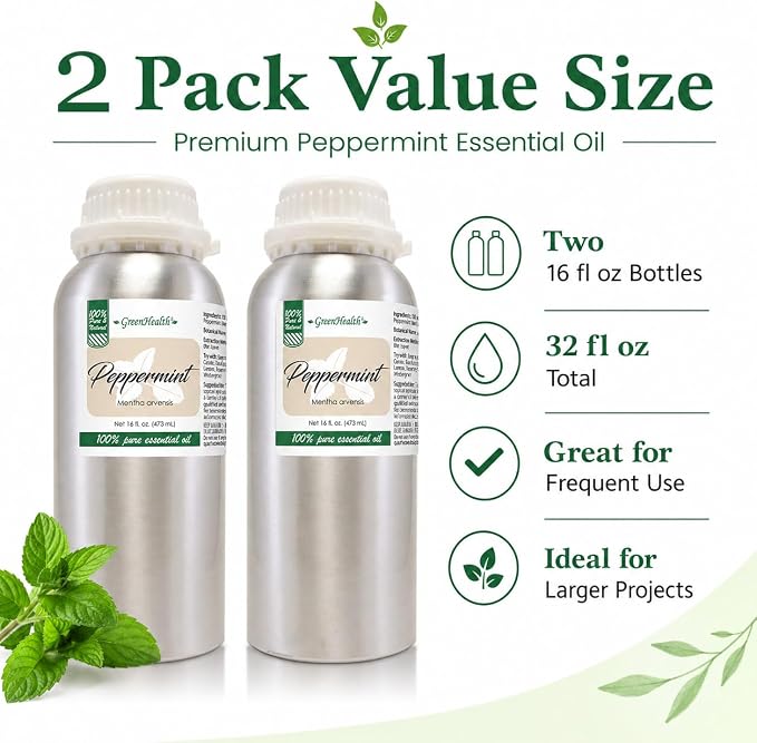 GreenHealth Peppermint Essential Oil – 2 Pack (16 fl oz Each) – 100% Pure & Uncut – Strong Menthol Scent – Aluminum Bottles for Diffusers, Cleaning, DIY Use