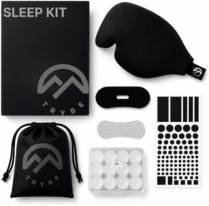 Trybe Sleep Kit, Sleep Mask, Ear Plugs, Nose Strips, and Light Covers for Travel. Sleep kit Bag and Breath and Sleep Guide for Travel, Hotels, Camping or Home (Sleep Kit) (Sleep Kit)