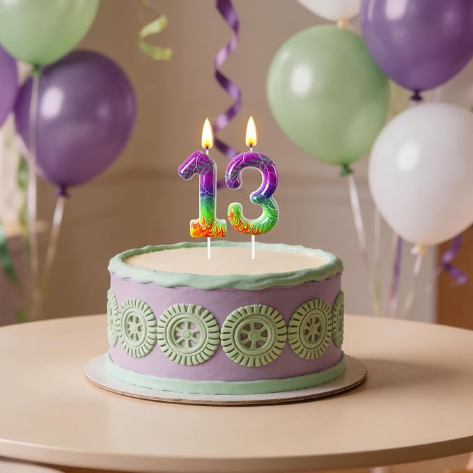 Number 3 Birthday Candle for Cake – Purple Green Flame Design with Lightning & Tire Track Pattern – Off-Road Truck Theme Cake Topper for Birthday Party Decoration