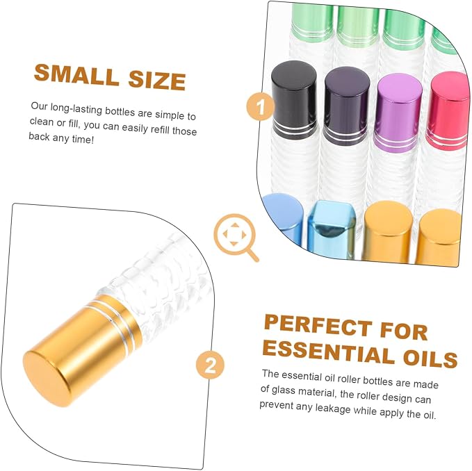 12pcs 5ml Glass Roll-on Bottles with Caps, Portable Mini Perfume and Essential Oil Roller Bottle Kit for Travel and Aromatherapy Use Random Color
