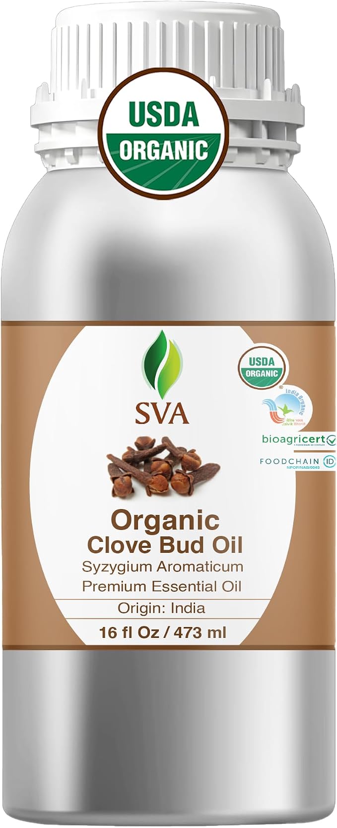 SVA Clove Essential Oil Organic– 16 Fl Oz – 100% Natural Clove Oil - for Diffuser, Hair Care, Face, Skin Care, Aromatherapy, Scalp and Body Massage, Soap and Candle Making