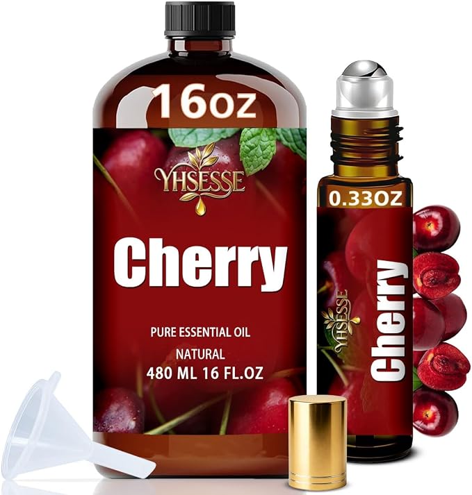 Cherry Essential Oil, Cherry Oil 16 Fl Oz 480ml for Diffuser Yoga Soap & Candle Making – with 0.33 Oz Roller Ball & Funnel YHSESSE Essential Oils