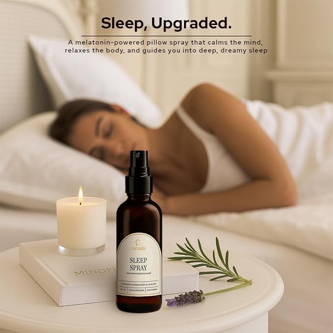 Carnatia Sleep Spray with Melatonin – Lavender & Chamomile Pillow Mist | Aromatherapy Essential Oil Blend for Relaxation & Deep Sleep | 4 fl oz Calming Bedtime Spray