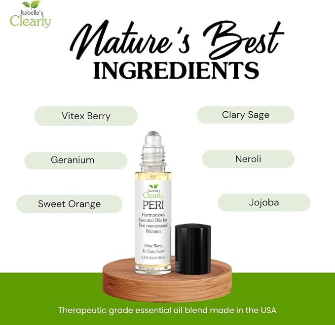 PERI Essential Oil Roll-On for Women | Natural Aromatherapy Blend for Balance, Mood, Drive and Energy with Vitex Berry, Clary Sage, Geranium, Neroli, Orange, and Jojoba
