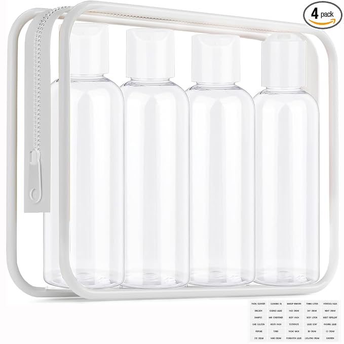 Moonlik Clear Toiletry Travel Bottles, 3.4oz/100ml TSA Approved Empty Containers with Toiletry Bag - Cosmetic Kit with Labels for Shampoo, Conditioner, Lotion, and Airplane Accessories(4Pack, White)