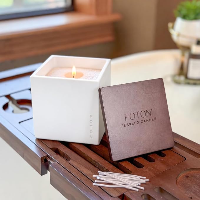 Foton Pearled Candle Le Cube Concrete Vase Set 16 Oz Square - Sassy Citrus Scented - Refillable Jar Scented Candle Sand Wax with 15 Wicks - Natural Non-Toxic Decorative Candles for Home