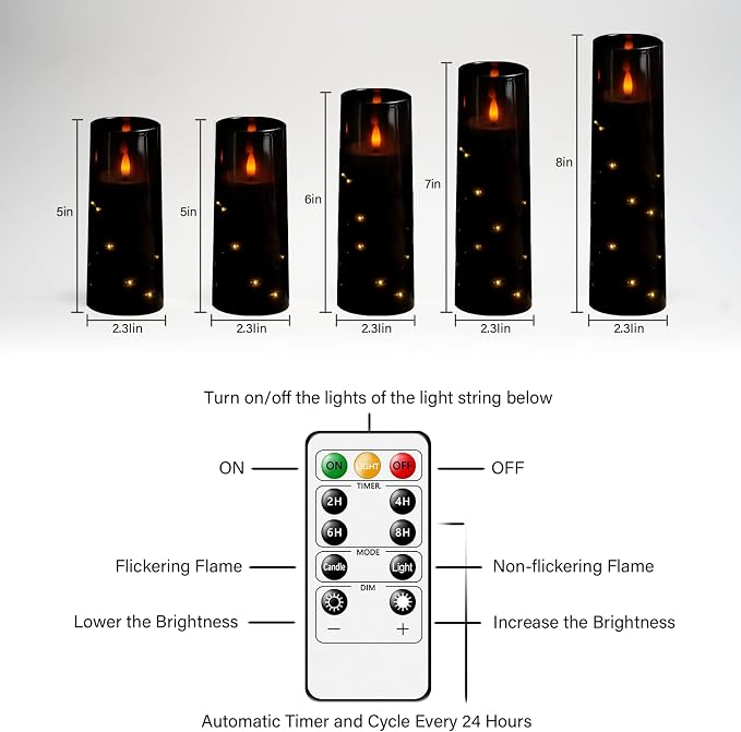kakoya Flameless LED Candles with Timer 5 Pc Flickering Flameless Candles for Romantic Ambiance and Home Decoration Stable Acrylic Shell,with Embedded Star String,Battery Operated Candles（Black）