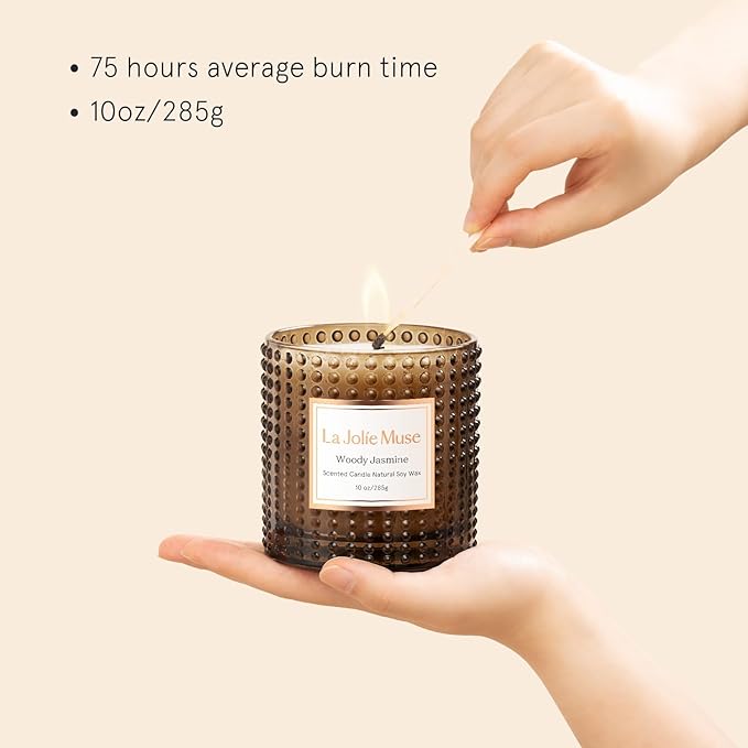 LA JOLIE MUSE Woody Jasmine Candles for Home Scented, Non Toxic Natural Soy, Luxury Candles Gifts for Women, Natural Soy Wax, 75 Hours, 10 OZ